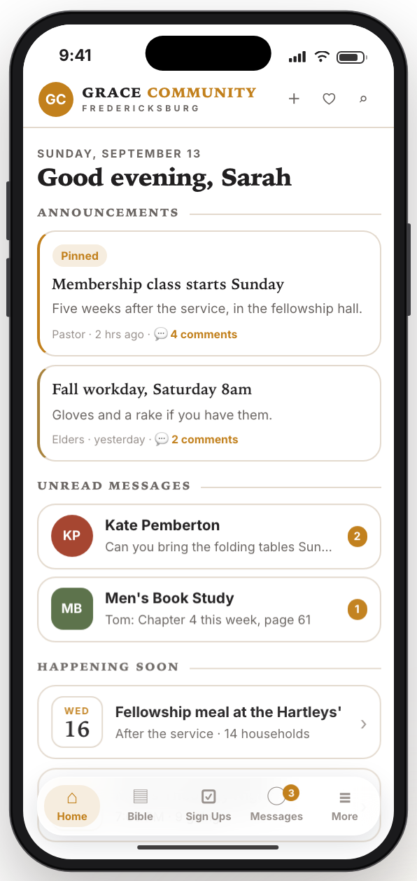 The Home screen with announcements and what's coming up