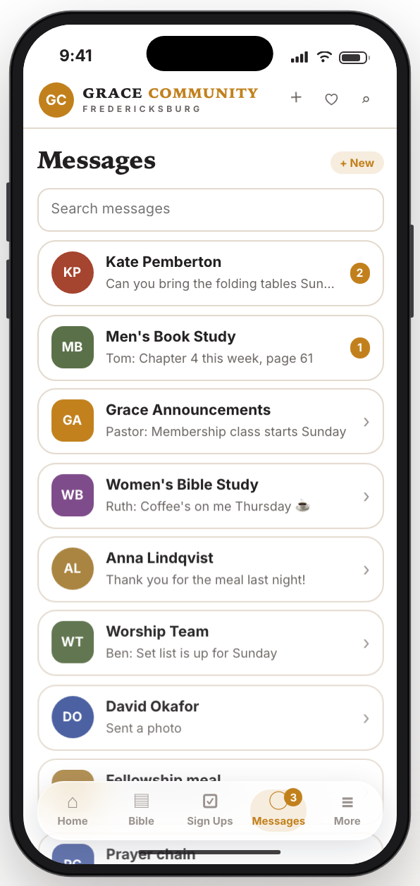 The Messages screen: a list of conversations with unread counts