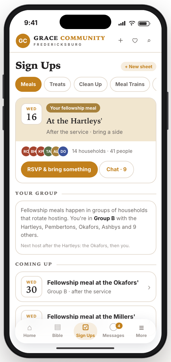 The Sign Ups screen showing a fellowship meal